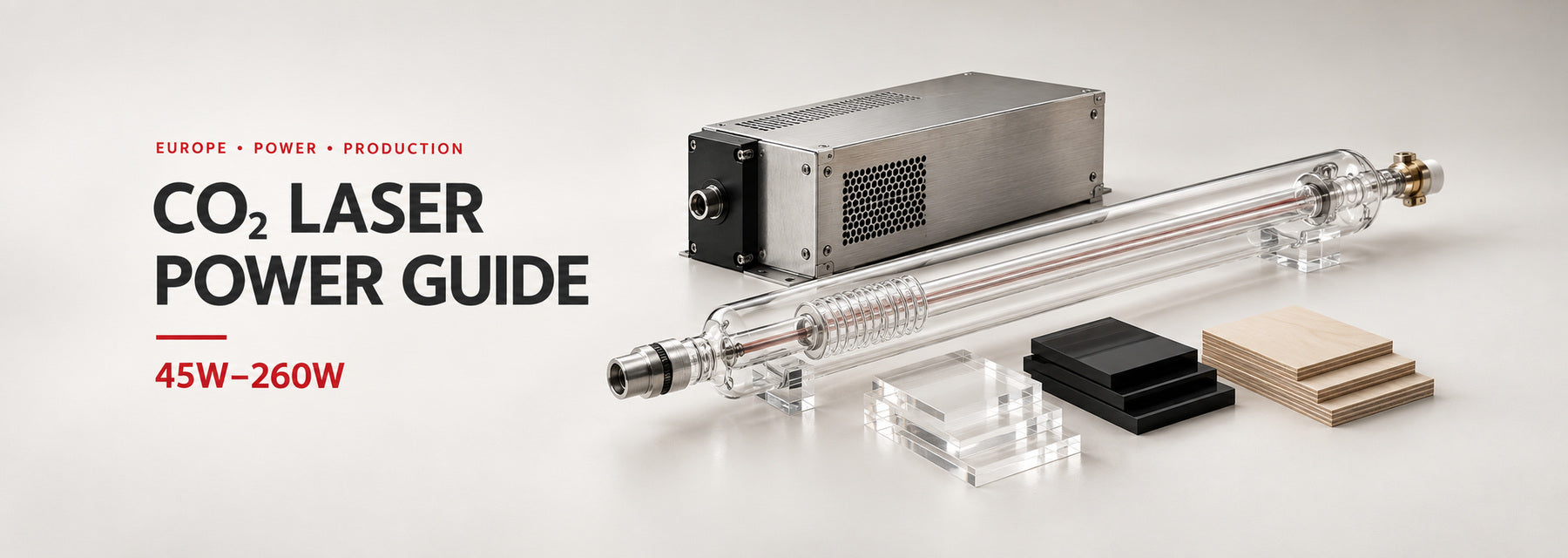 CO2 laser power guide for Europe showing glass and RF laser source concepts with acrylic, plywood and wattage references from 45W to 260W