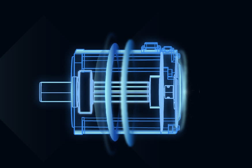 Holographic blue motor on a black background